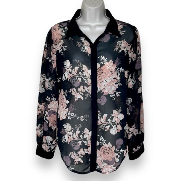 Fun and Flirt Floral Skull Black Pink Chiffon Button Front Shirt Women Medium - Picture 1 of 11